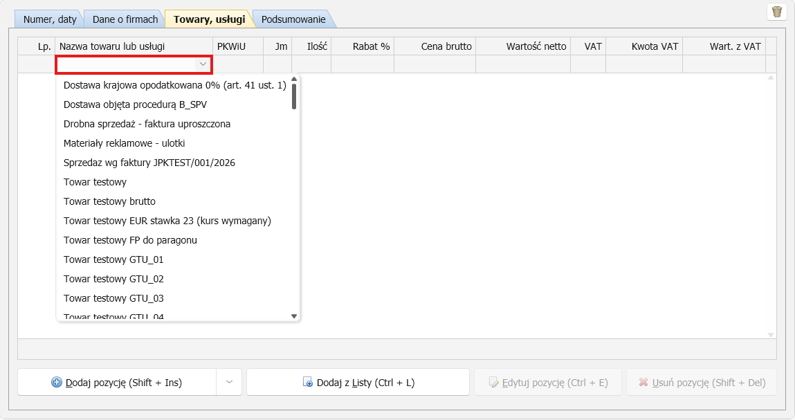 Invoice line items typed straight into the table — Faktura VAT 2027