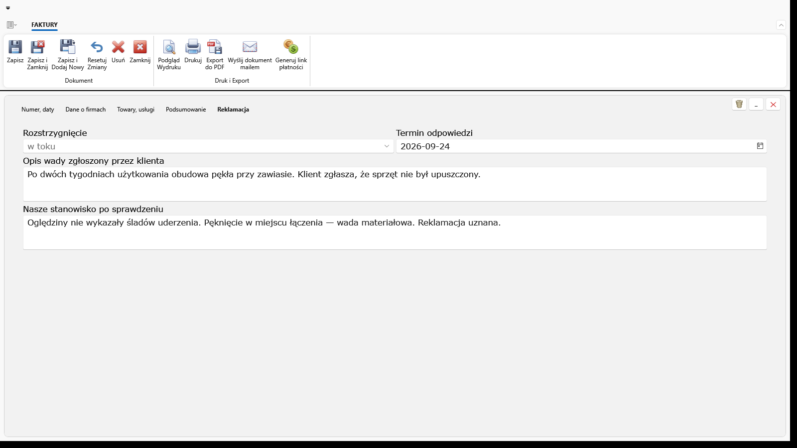 Reklamacje po sprzedaży — Zakładka Reklamacja — termin ustawowy 14 dni i pięć rozstrzygnięć
