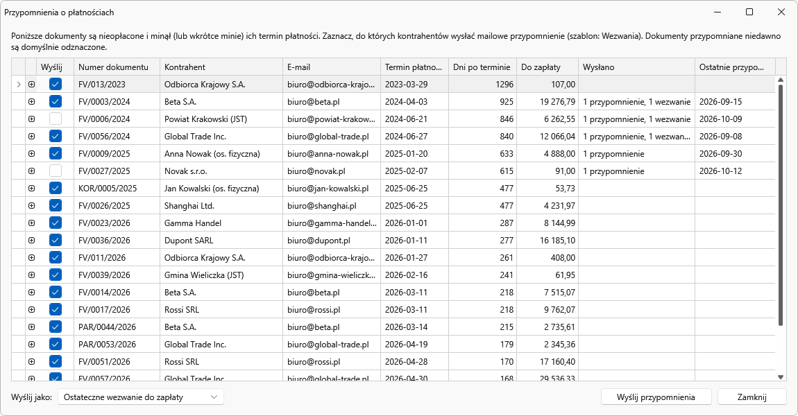 Przypomnienia o płatnościach (windykacja) - Faktura VAT 2027