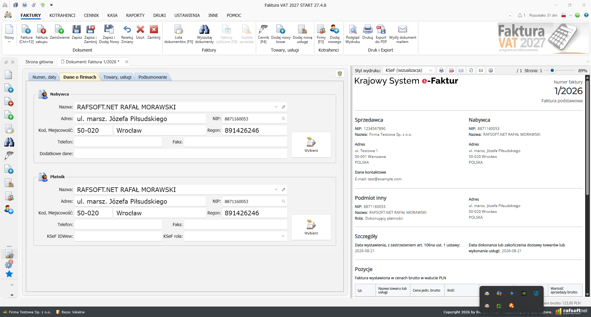 Invoice preview before sending to KSeF — Faktura VAT 2027