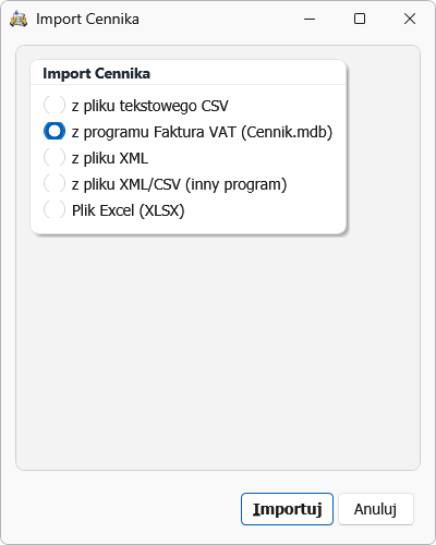 Okno „Import Cennika” — wybór formatu pliku
