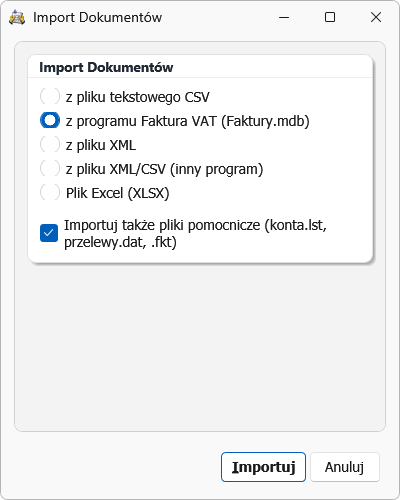 Okno „Import Dokumentów” — wybór formatu pliku