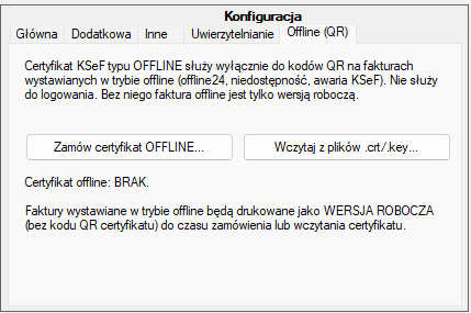 Zakładka Offline (QR) w kliencie KSeF - zamawianie certyfikatu offline
