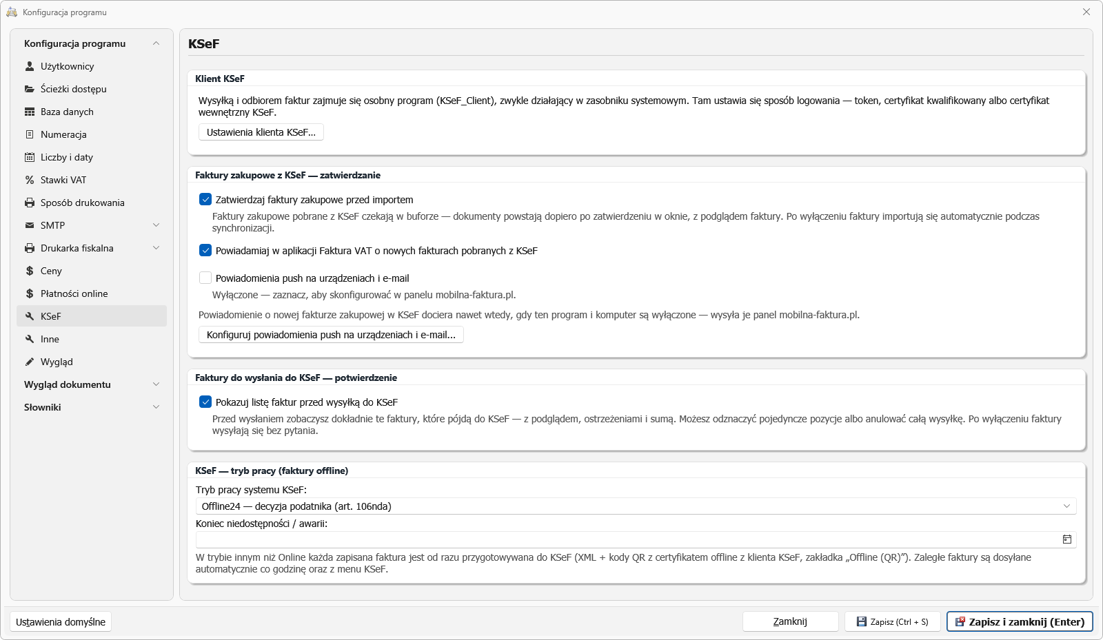 Konfiguracja KSeF: powiadomienia push na urządzeniach i e-mail