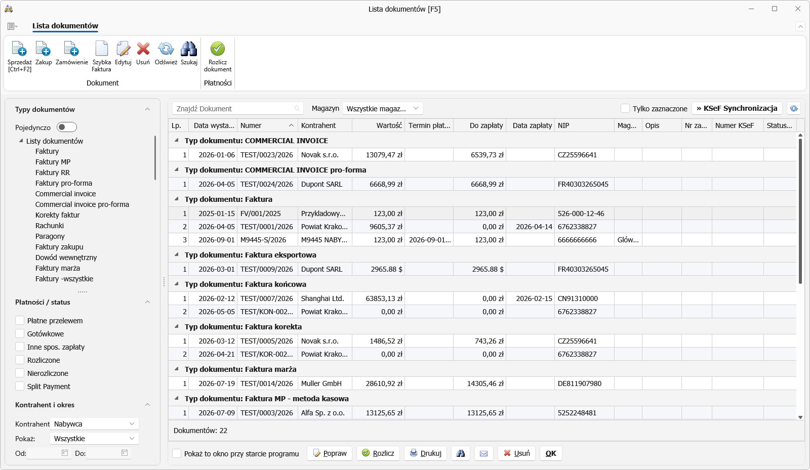 Lista dokumentów z panelem filtrów po lewej stronie