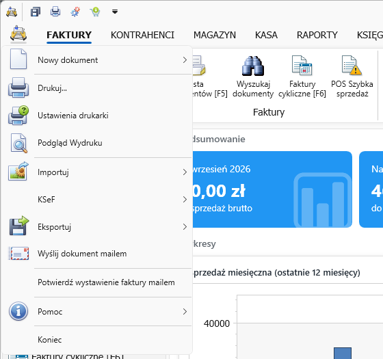 Menu aplikacji — rozwinięte po kliknięciu ikony programu