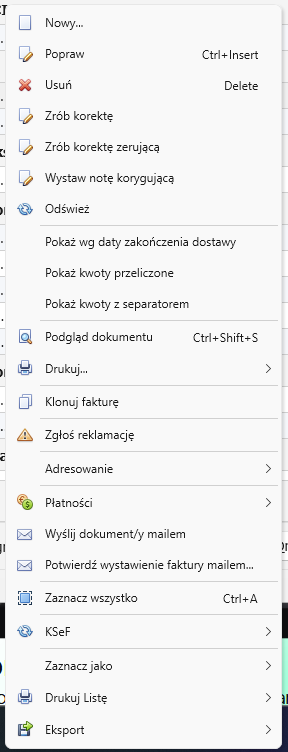 Menu kontekstowe na Liście dokumentów — prawy przycisk myszy na wierszu faktury