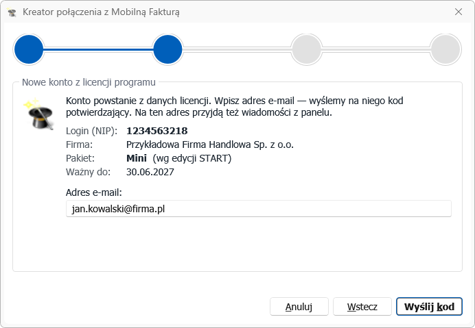 Nowe konto: dane licencji i adres e-mail