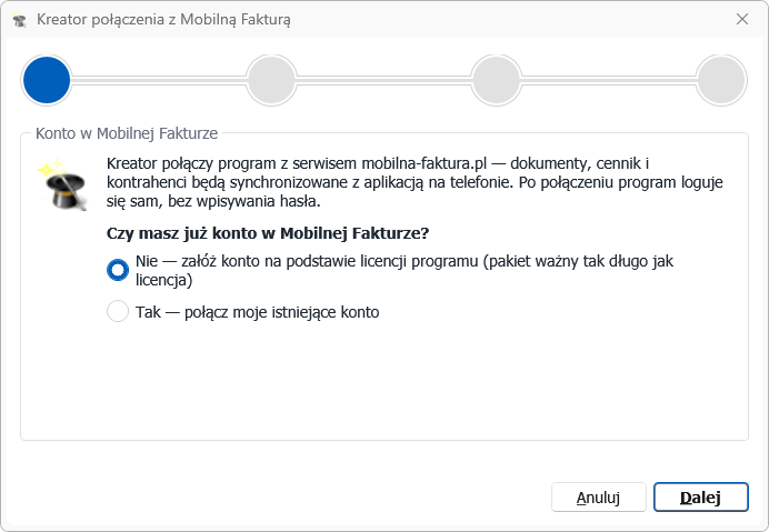 Pierwszy krok kreatora: czy masz już konto w Mobilnej Fakturze