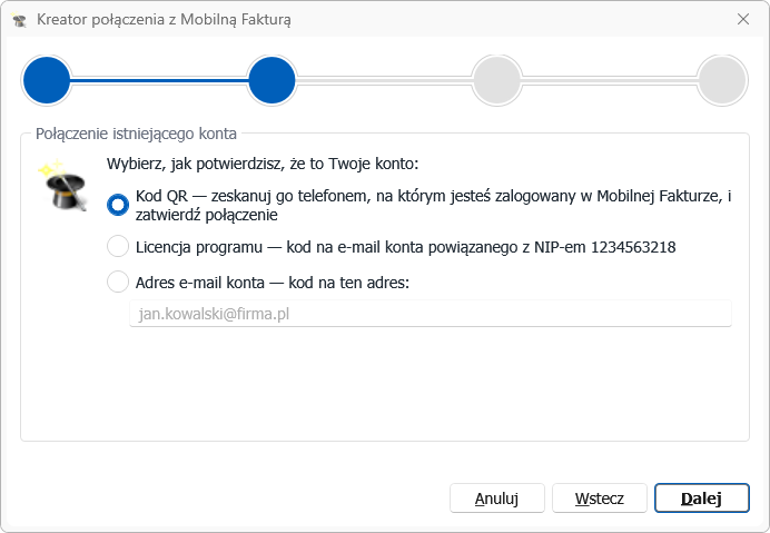 Połączenie istniejącego konta: wybór sposobu potwierdzenia