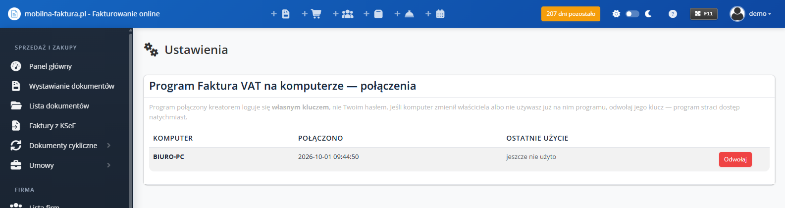 Lista połączonych komputerów w panelu