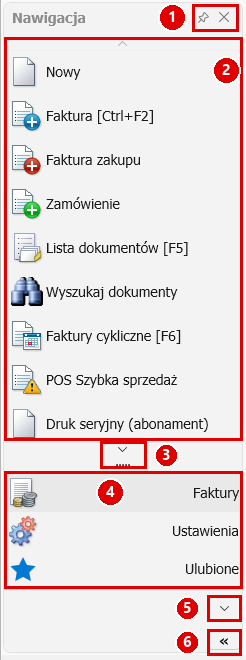 Pasek nawigacji rozwinięty — numery elementów opisane niżej