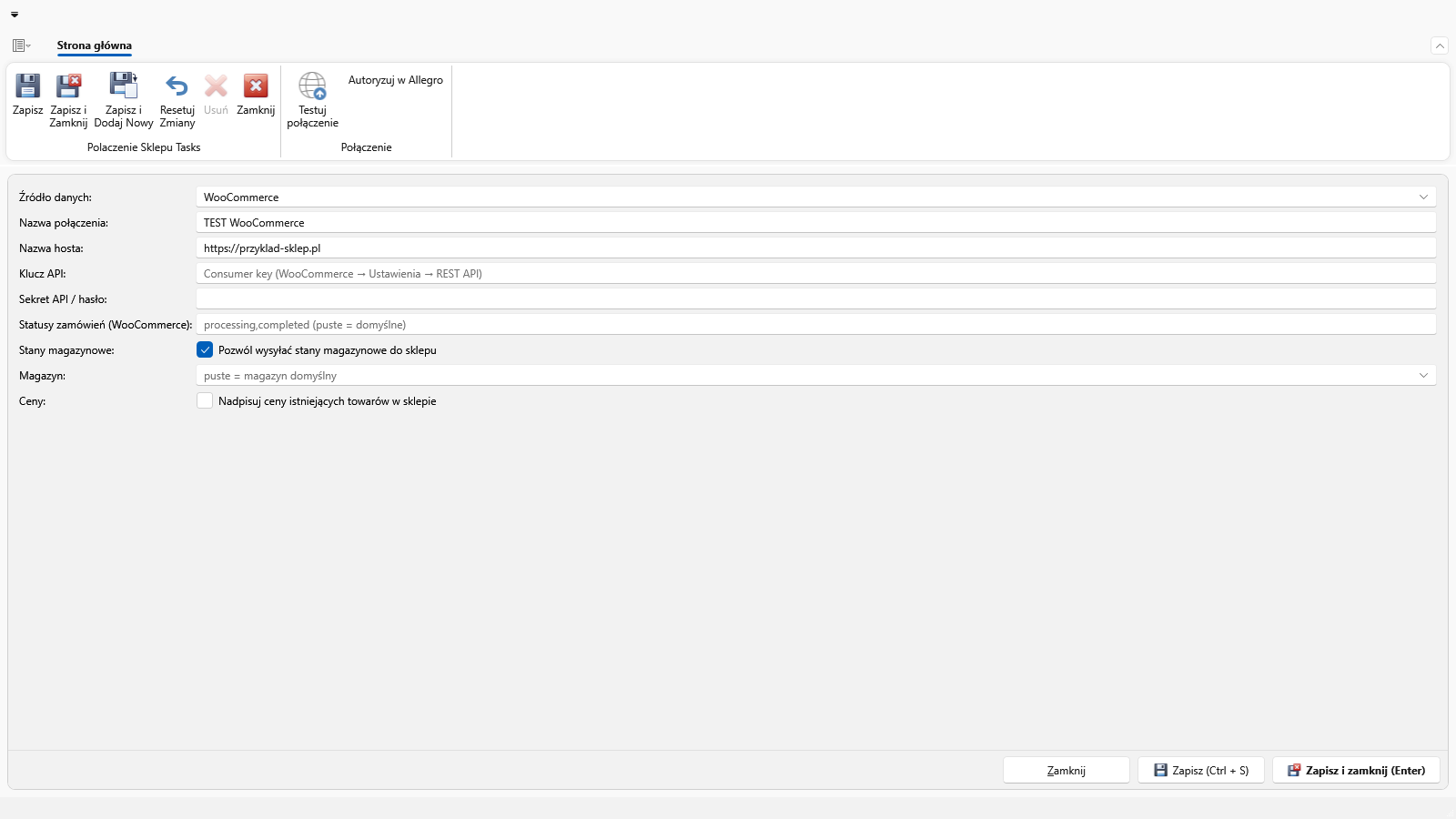 Konfiguracja połączenia z WooCommerce — opcje synchronizacji