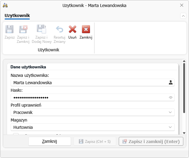 Karta użytkownika z polem „Magazyn" — pracownik przypisany do Hurtowni