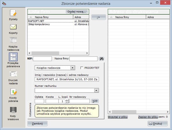 Druki pocztowe - Książka nadawcza - Program do wypisywania faktur