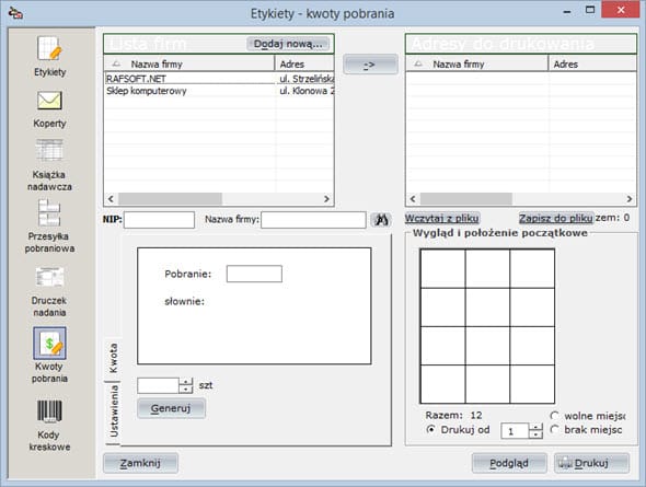 Druki pocztowe - Kwoty pobrania - System do fakturowania