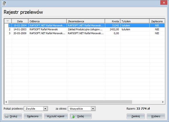 Płatności - Rejestr przelewów - Program do faktur offline