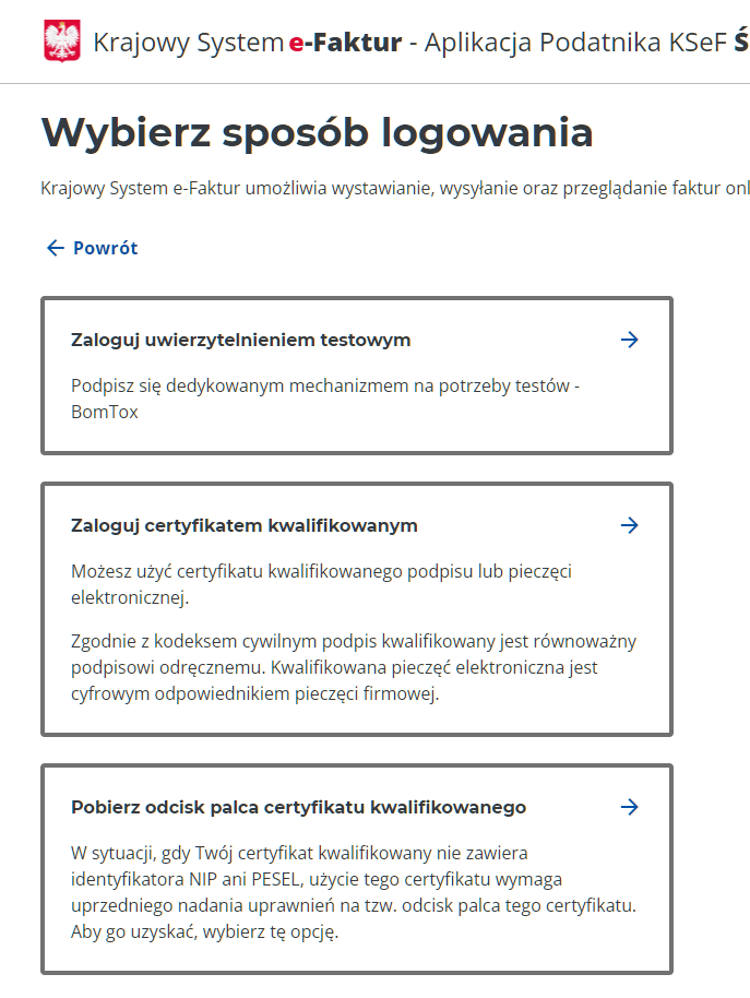 Wybór sposobu logowania KSeF