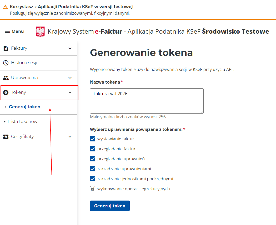 Generowanie tokenu autoryzacyjnego KSeF