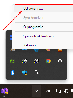 Menu kontekstowe ikony KSeF Client w zasobniku Windows — opcja Ustawienia