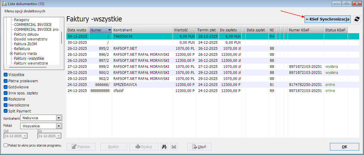 Lista faktur — przycisk KSeF Synchronizacja