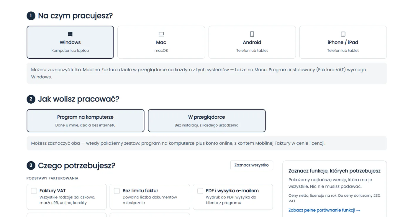 Konfigurator programu do faktur — wybór systemu, sposobu pracy i potrzebnych funkcji