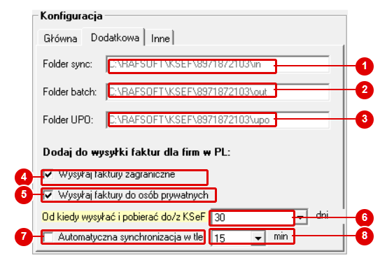 KSeF 2.0 Client — zakładka Dodatkowa z ponumerowanymi elementami: foldery sync, batch i UPO, przełączniki faktur zagranicznych i osób prywatnych, zakres dat i automatyczna synchronizacja