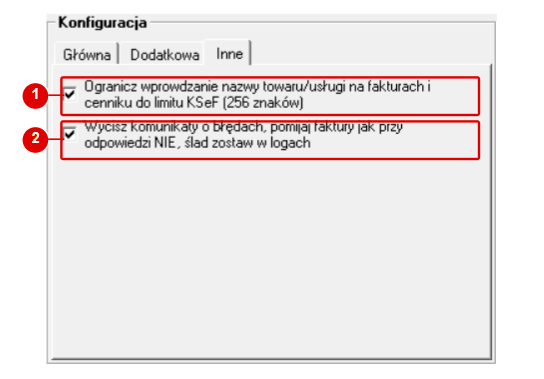 KSeF 2.0 Client — zakładka Inne z dwoma ponumerowanymi przełącznikami: limit 256 znaków w nazwie towaru i wyciszanie komunikatów o błędach