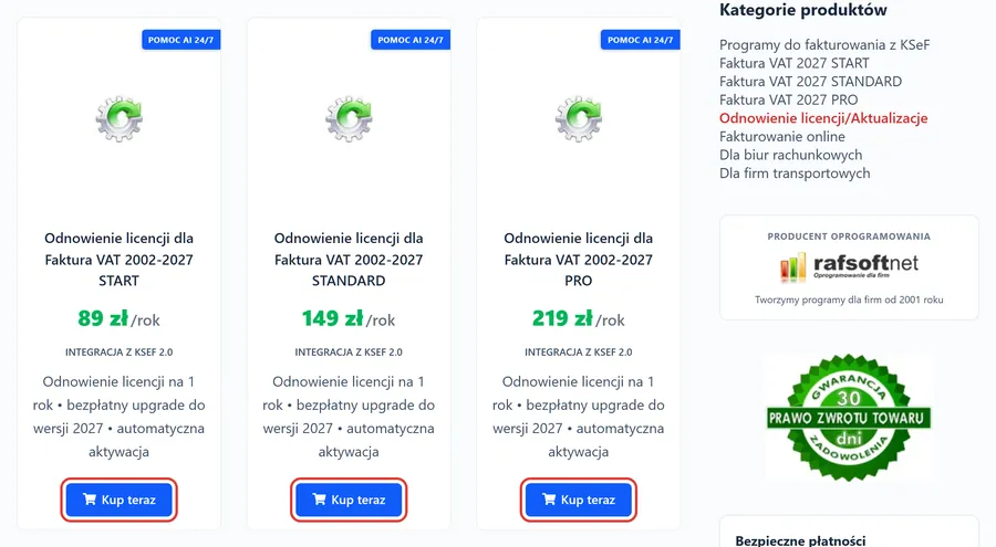 Sklep ksiegowosc24.pl: trzy karty odnowienia licencji START, STANDARD i PRO z przyciskami Kup teraz