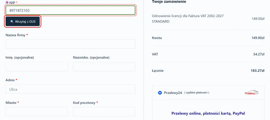Formularz zamówienia: pole NIP i przycisk Wczytaj z GUS