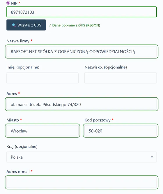 Formularz po wczytaniu z GUS: nazwa firmy, adres, miasto i kod pocztowy wypełnione automatycznie