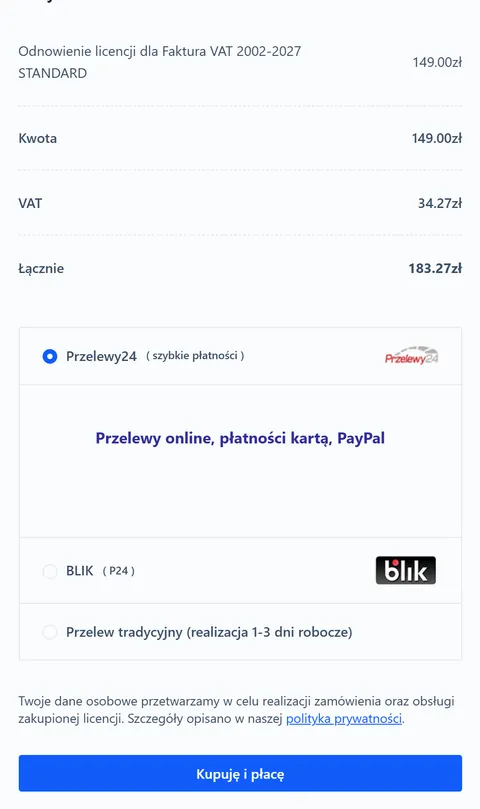 Podsumowanie zamówienia z wyborem płatności Przelewy24, BLIK lub przelew tradycyjny i przyciskiem Kupuję i płacę