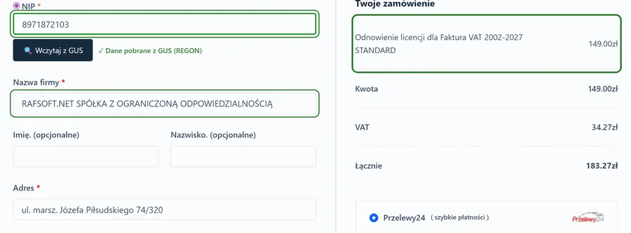 Formularz zamówienia otwarty z programu: NIP wpisany, nazwa firmy wczytana z GUS, w koszyku odnowienie licencji STANDARD