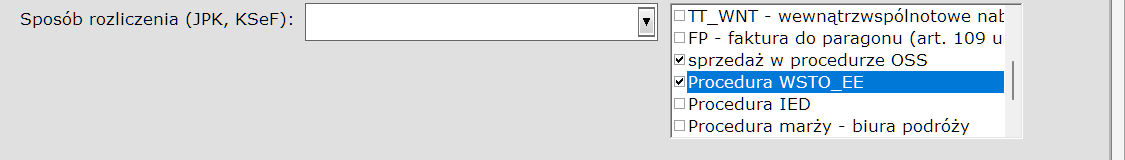 Zakładka Numer, daty — lista Sposób rozliczenia (JPK, KSeF) z zaznaczonymi checkboxami: sprzedaż w procedurze OSS i Procedura WSTO_EE