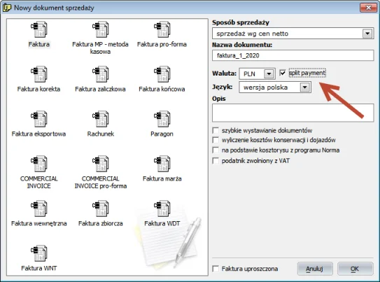 Okno wyboru split payment przy wystawianiu nowej faktury w programie Faktura VAT