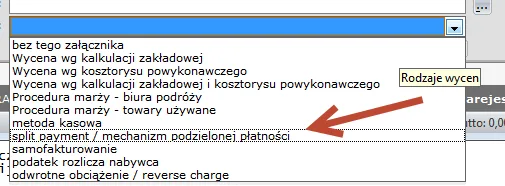 Pasek sposobu rozliczenia z opcją split payment w programie Faktura VAT
