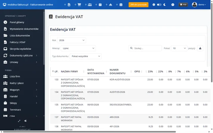 Ewidencja VAT online — rejestry VAT i plik JPK_V7 w przeglądarce w Mobilna Faktura