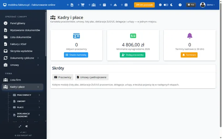 Kadry i płace online — listy płac i deklaracje ZUS w Mobilna Faktura