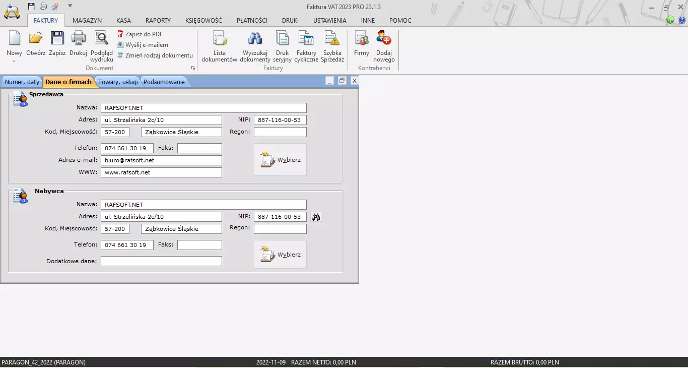 Company data on invoice