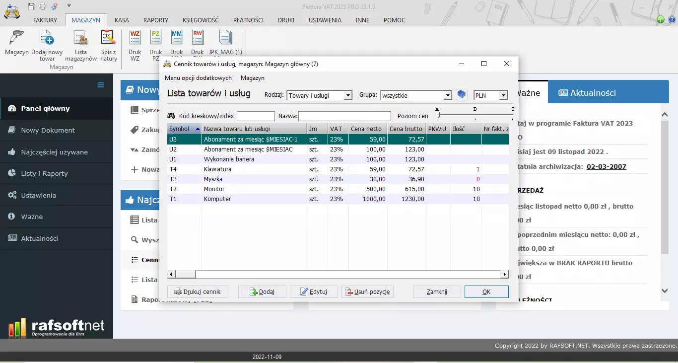 Price list of goods & services