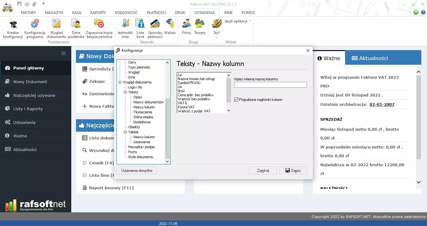 Texts – column names