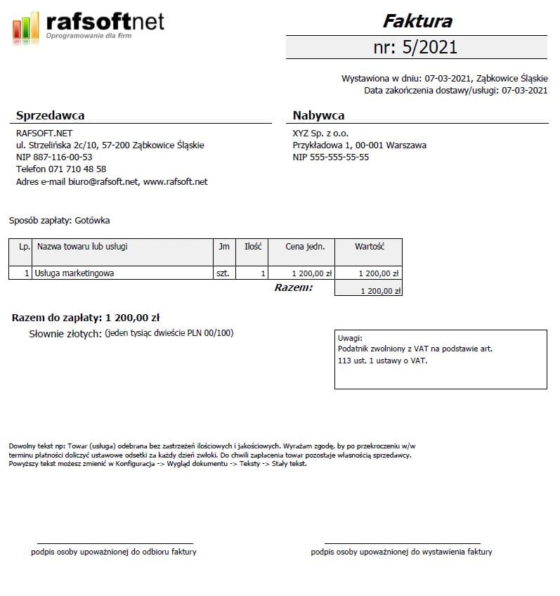 Wzór faktury bez VAT