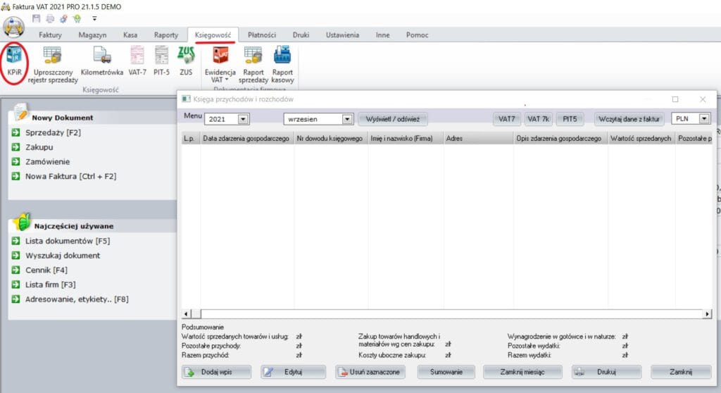Podatkowa księga przychodów i rozchodów w programie