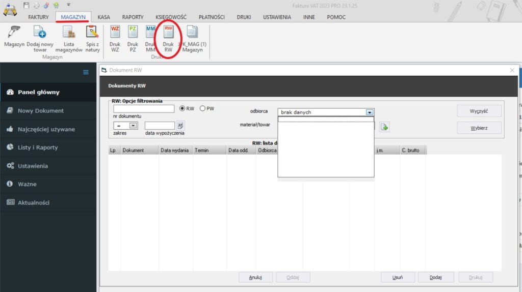 RW - Rozchód wewnętrzny