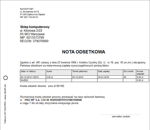 Druki firmowe - Nota odsetkowa - Program faktura vat