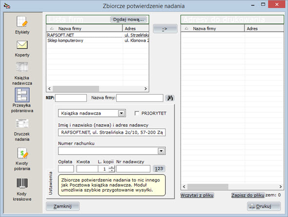 Druki pocztowe - Książka nadawcza - Program do wypisywania faktur