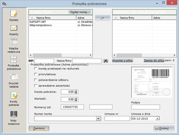 Druki pocztowe - Przesyłka pobraniowa - Program do fv
