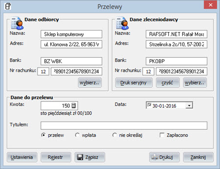 Płatności - Przelewy Bank/Poczta - Program do wypisywania faktur