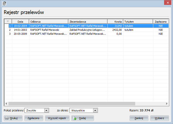 Płatności - Rejestr przelewów - Program do faktury