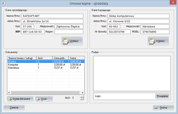 Druki firmowe - Umowa kupna - sprzedaży - Program do wystawiania faktur